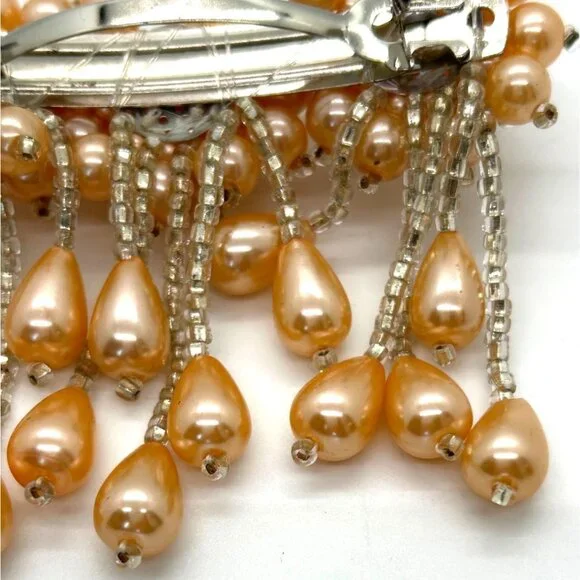 Vintage Hair Barrette Faux Pearl Apricot Peach Pastel Orange Bridal Formal Prom - Picture 10 of 13